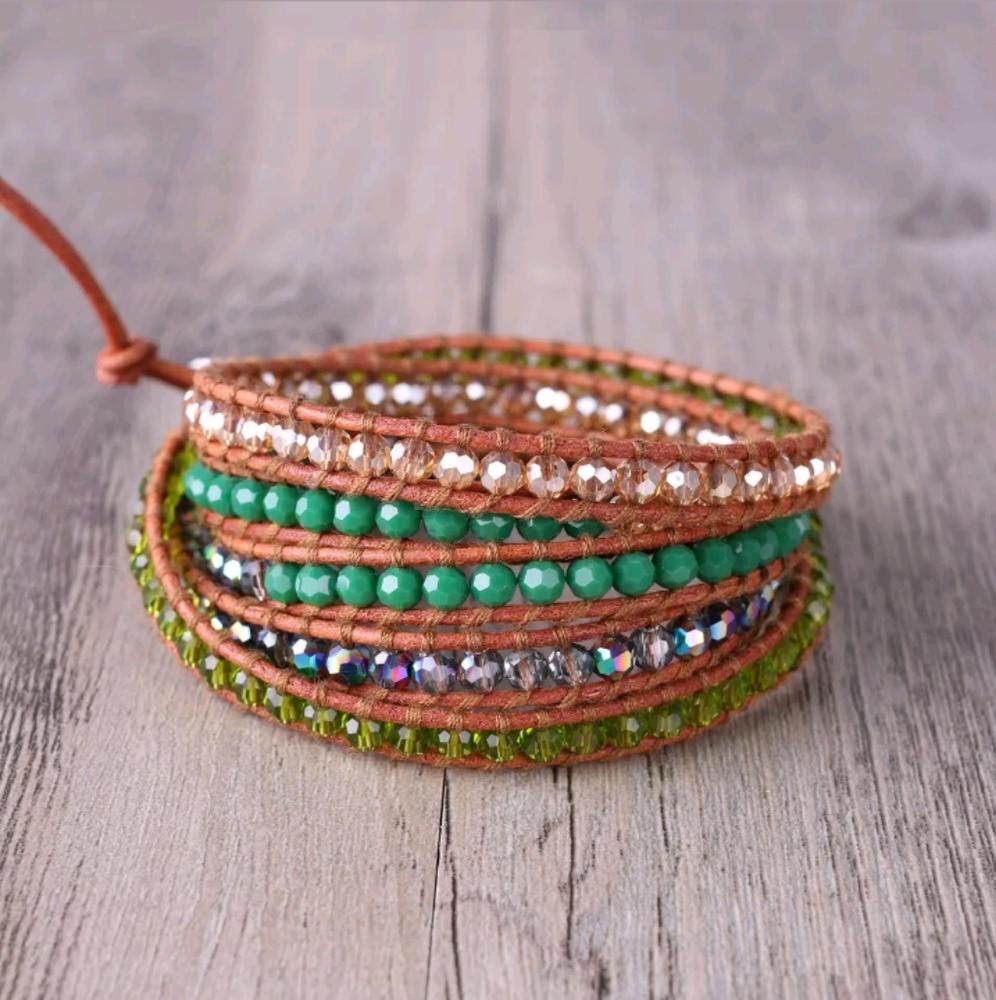SHADES OF GREEN 5 WRAP CRYSTAL & LEATHER BRACELET